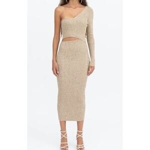 Ronny Kobo Lorraine One Shoulder Cutout Knit Bodycon Midi Dress Beige Medium